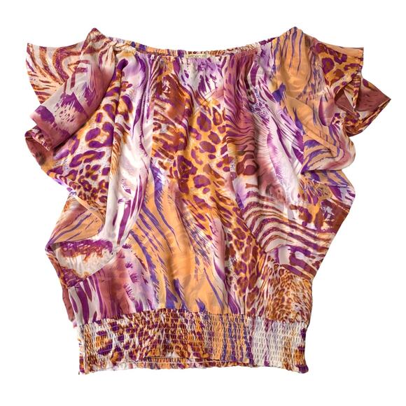 ARDEN B Orange Purple Leopard Print Off the Shoulder Short Sleeve Blouse Medium - Picture 6 of 8